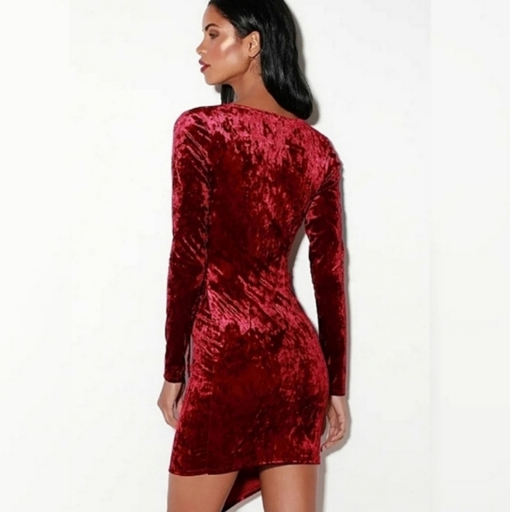 LULUS Galiana Faux Wrap Velvet Asymmetrical Hem Long Sleeve Mini Dress Size XS - Picture 7 of 9